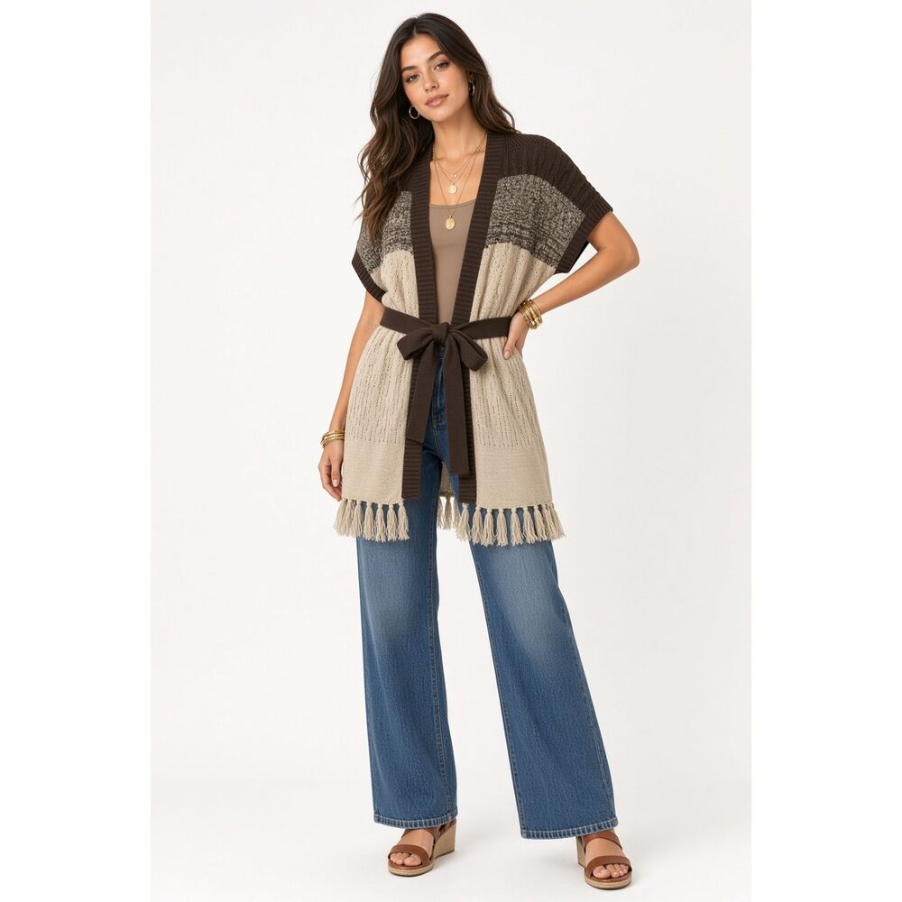Y2K Boho Earth Tone Colorblock Belted Fringed Coastal Cowgirl Cardigan Vest Sz L